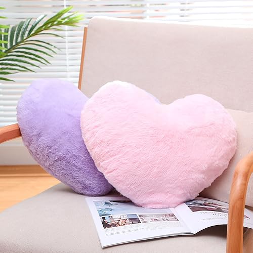 Miniatura 5 de Remerry 4 almohadas en forma de corazón, lindas almohadas de piel sintética de conejo, almohada de corazón suave y esponjosa, cojín decorativo para