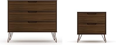 Amazon Com Manhattan Comfort Rockefeller Mid Century Modern 3 Drawer Bedroom Dresser With Nightstand Set Of 2 Brown Furniture Decor