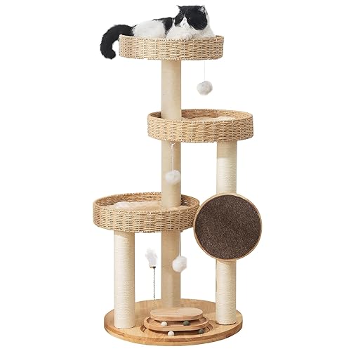 Solid Wood Cat Tree,Modern Cat Tower with Scratching Posts, Hand-Woven Beds & Toys | Heavy-Duty 20lbs Capacity,Indoor Cat Furniture for Big Cats