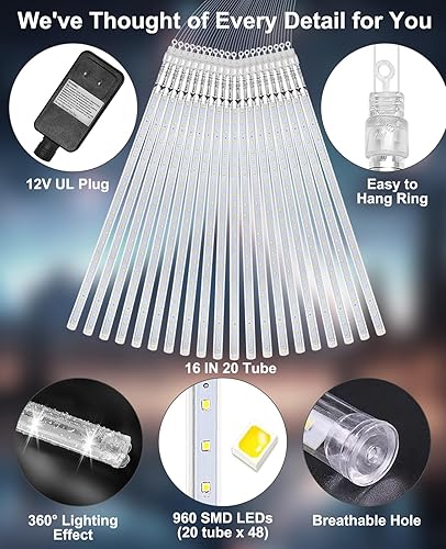 Miniatura 9 de Luces de Navidad para exteriores de 16 pulgadas, 20 tubos, lluvia de meteoritos, impermeable, para decoración de árbol de Navidad, patio, casa,