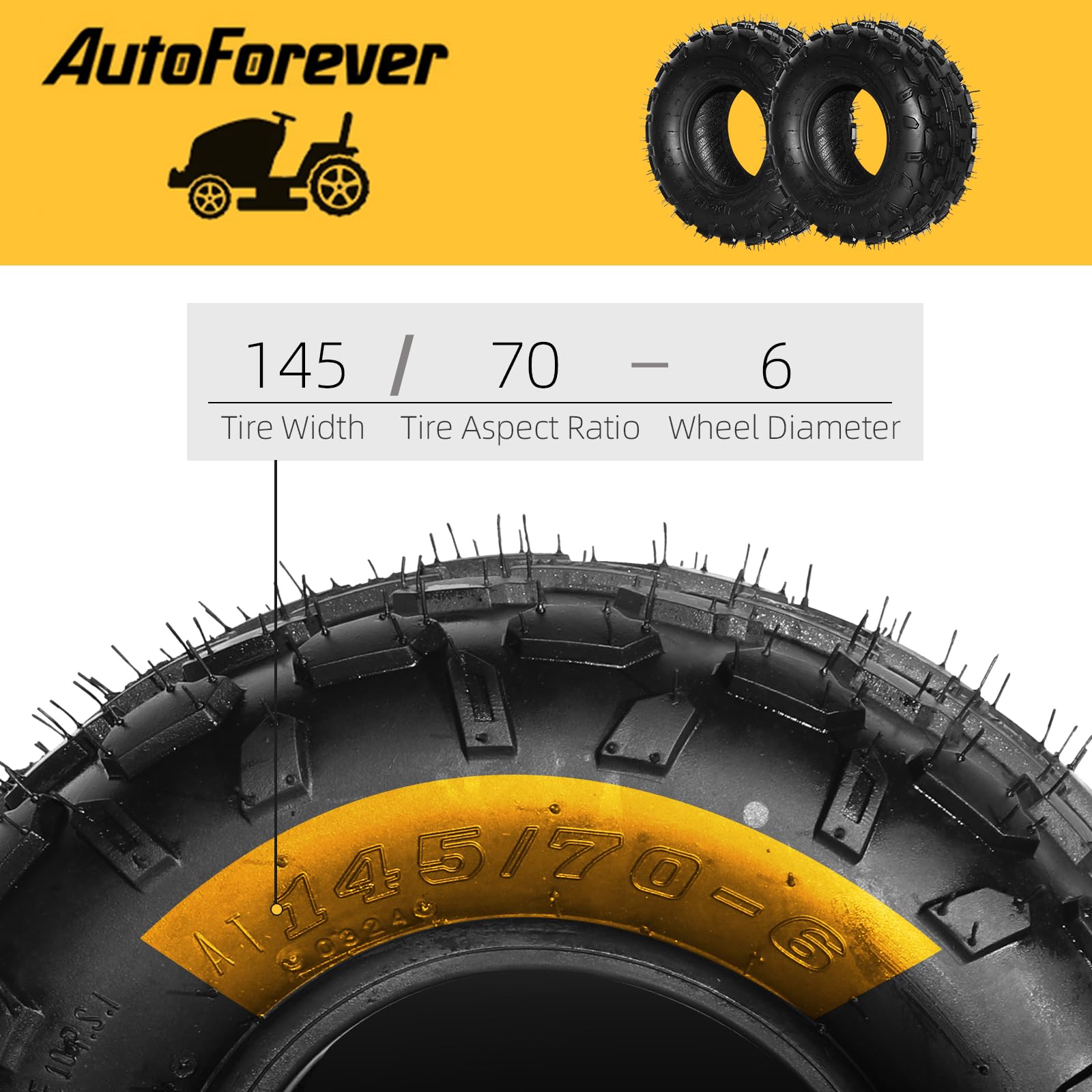 Pair Of 2 SunF A011 XC Sport ATV/Go-Kart Tires - 145/70-6, 6 PR, Tubeless Knobby Tread