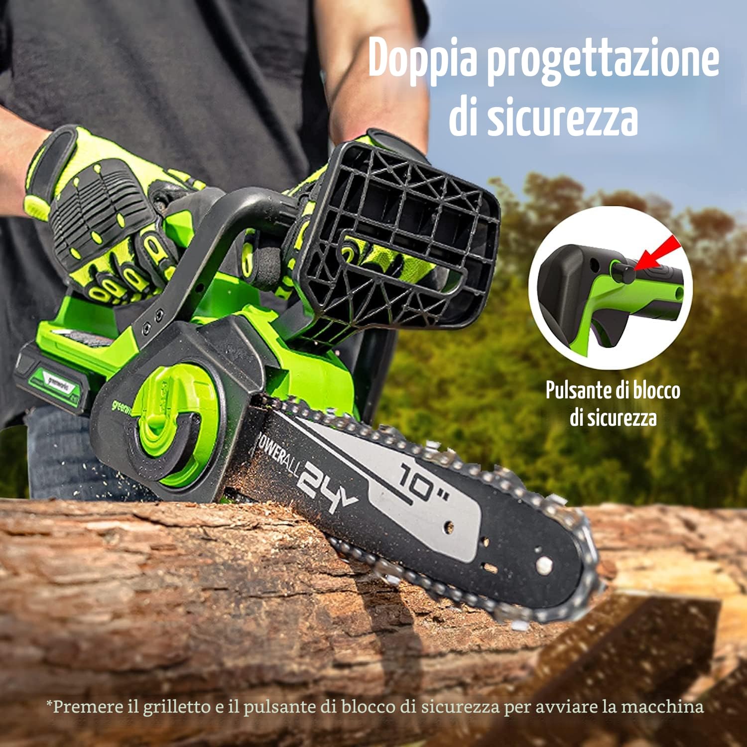 Greenworks 24V 25cm Motosega Elettrica a Batteria con Batteria da 2 Ah e Caricabatteria, Velocità Catena 4,3 m/s, Lubrificazione Automatica, Kit Motosega con Protezione Anti-Contraccolpo