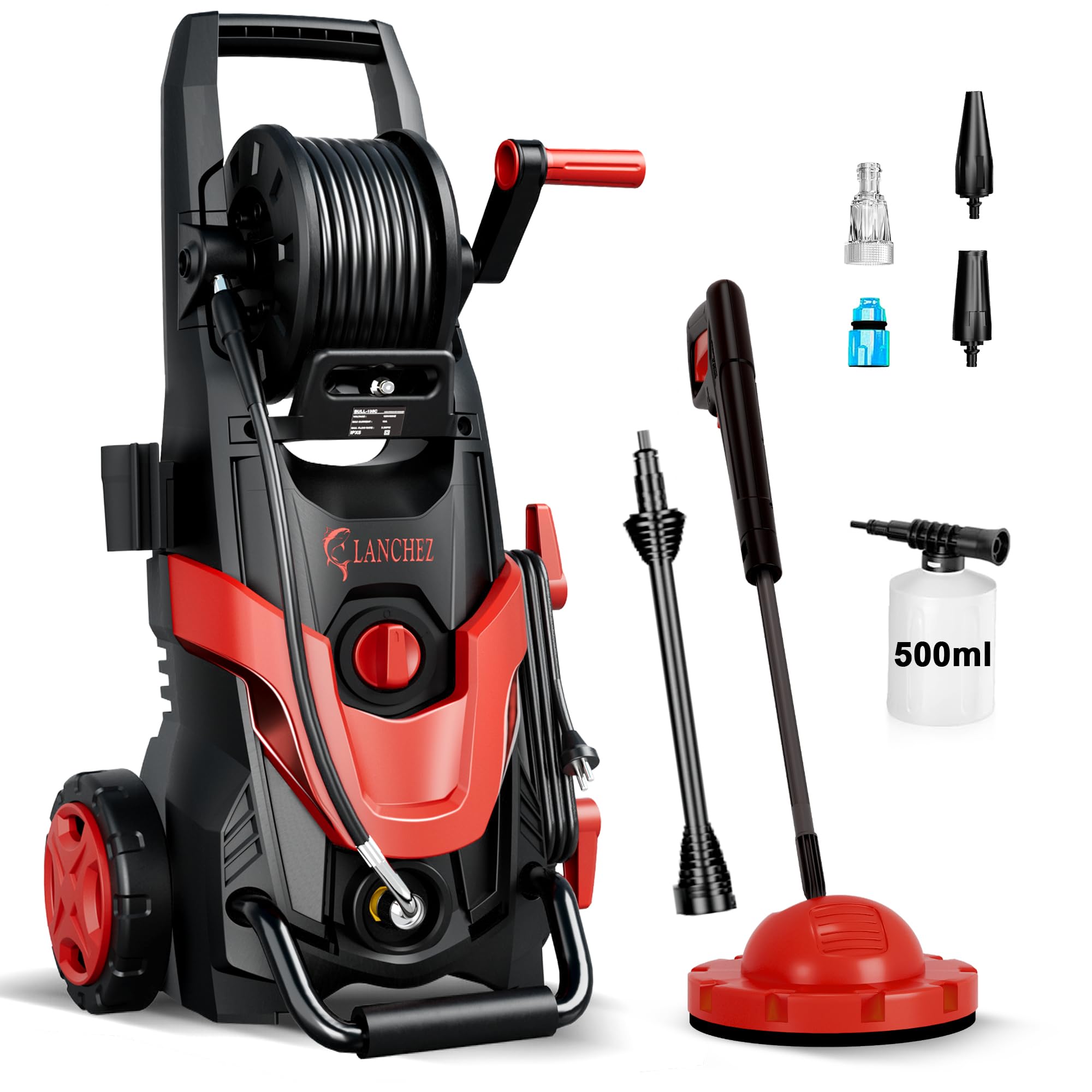 LANCHEZ Hochdruckreiniger, max Druck 180 bar, 480 l/h Fördermenge, 7-in-1-Zubehör Kit, 500ml Schaumsprüher | Schnellkupplungen | Schnellanschlussdüsen | Terrassenbürste für Terrasse, Auto, Rot