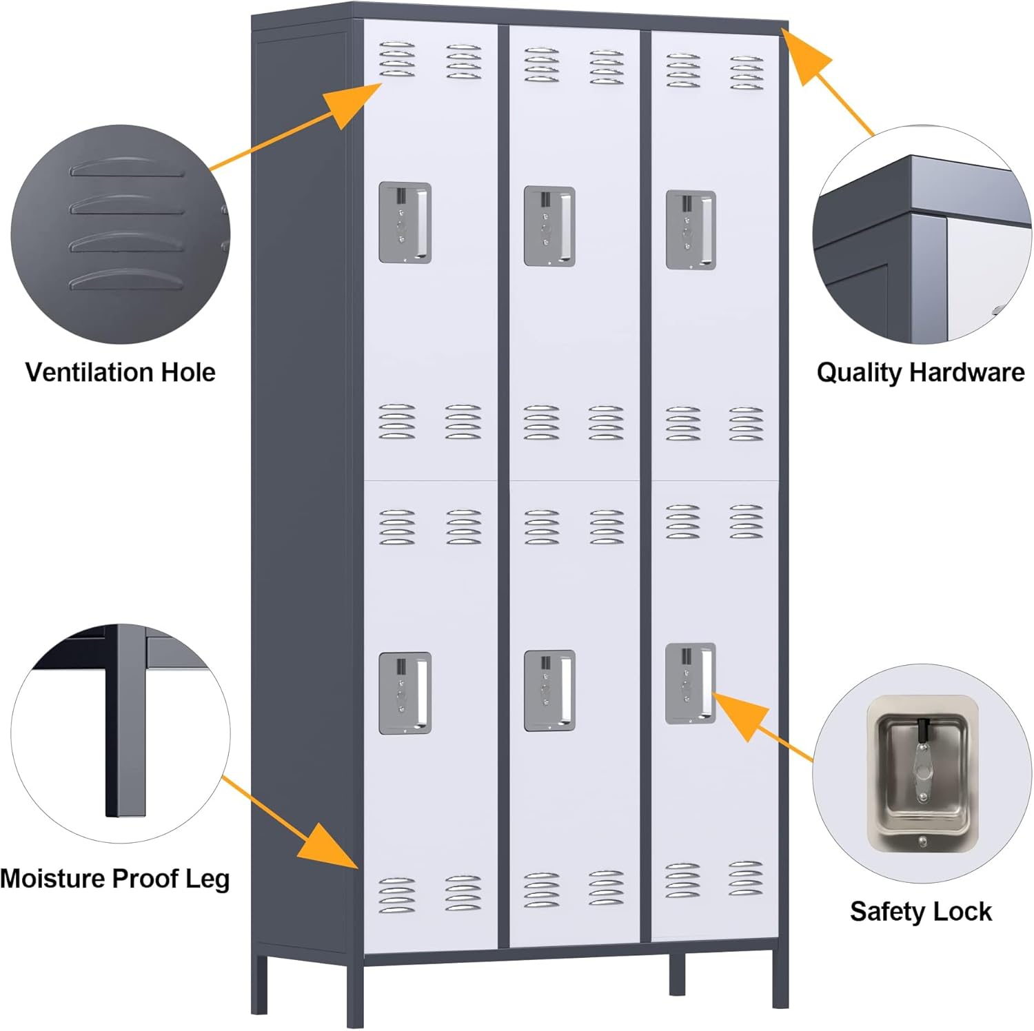 6 Doors Metal Storage Lockers for Employees, Industrial Steel Locker with 18 Hooks for Gym,School,Garage,Office,Bedroom,Assembly Require,Light Gray&White