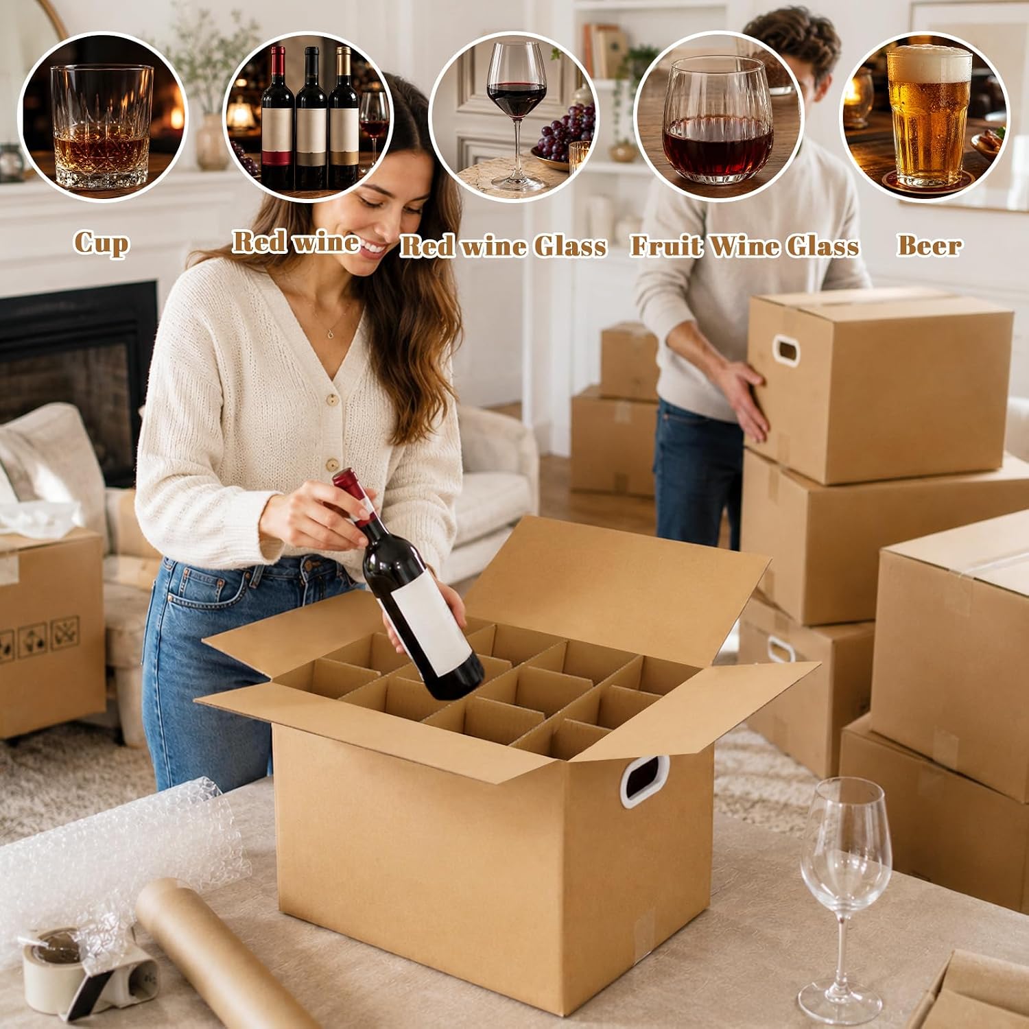 4 Set Moving Boxes with Glasses Divider Kits, Glass Packing Kit with 16x12x12 In Box, 3x4 Grid Corrugated Dividers for Dishes Wine Glasses Fragile Glassware Storage Supplies image 5