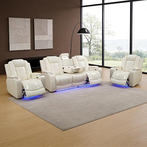 Miniatura 57 de Juego de sofá reclinable eléctrico para sala de estar, juego de sofá reclinable de cuero con luces LED, puertos USB, almacenamiento oculto, juego de