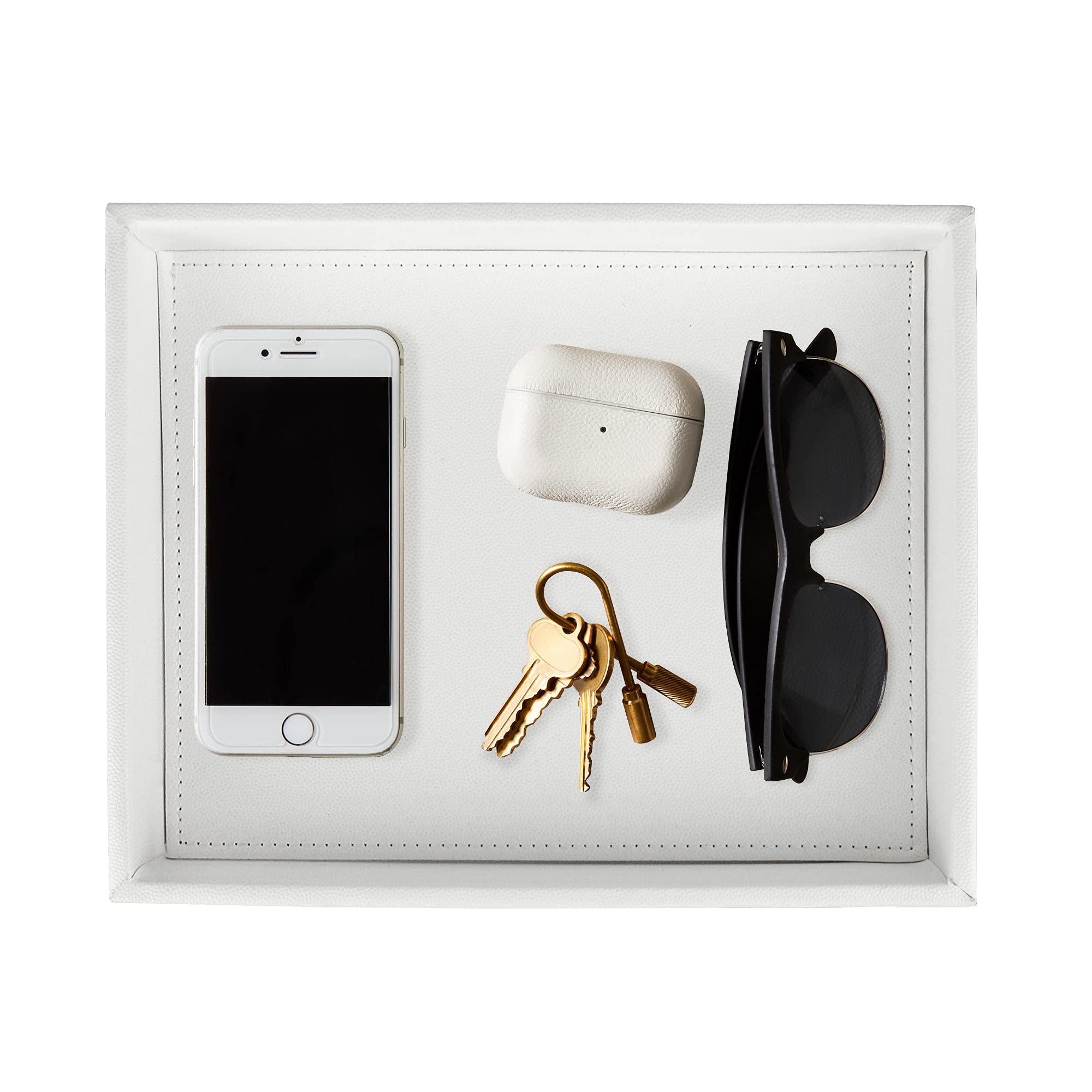 Hofferruffer White Leather Valet Tray Desktop Organiser - Perfume Tray For Nightstand - 10.3 * 8.2 * 1.7 Inch