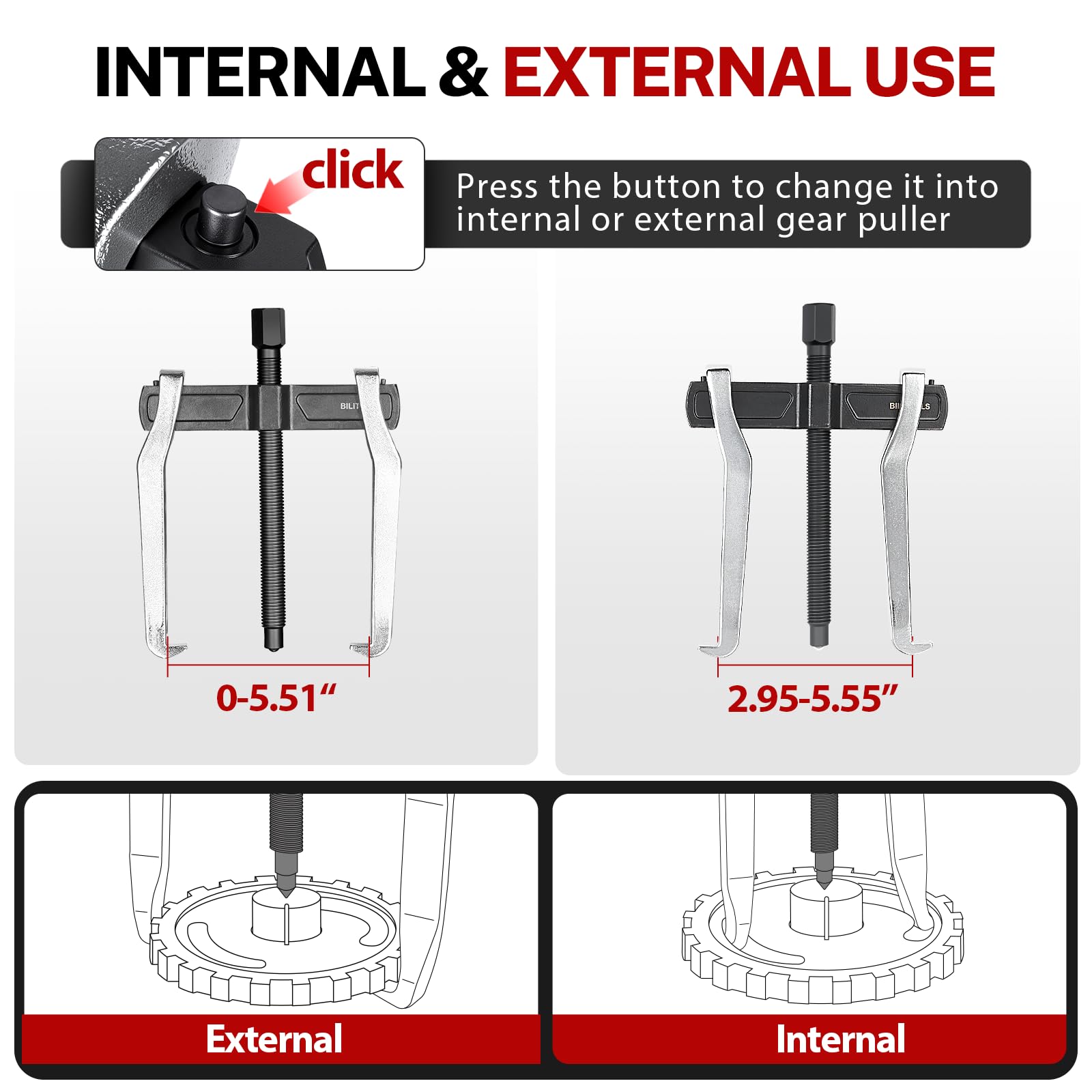 BILITOOLS Extractor de engranajes de 2 mandíbulas de 6 pulgadas, externo interno para extracción de poleas, volantes, rodamientos y engranajes