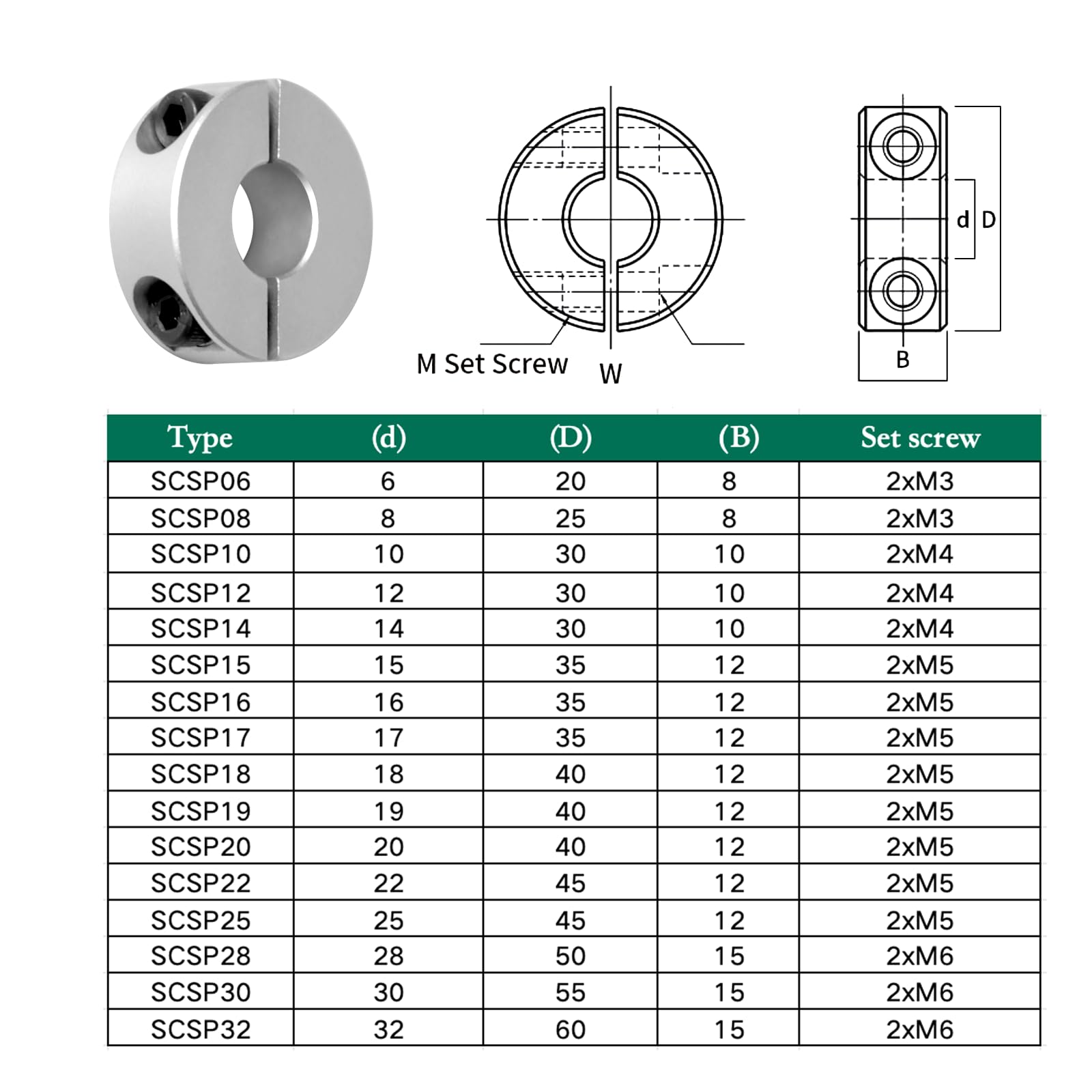 Split Shaft Collars - 4 Pack, Aluminum Alloy -6