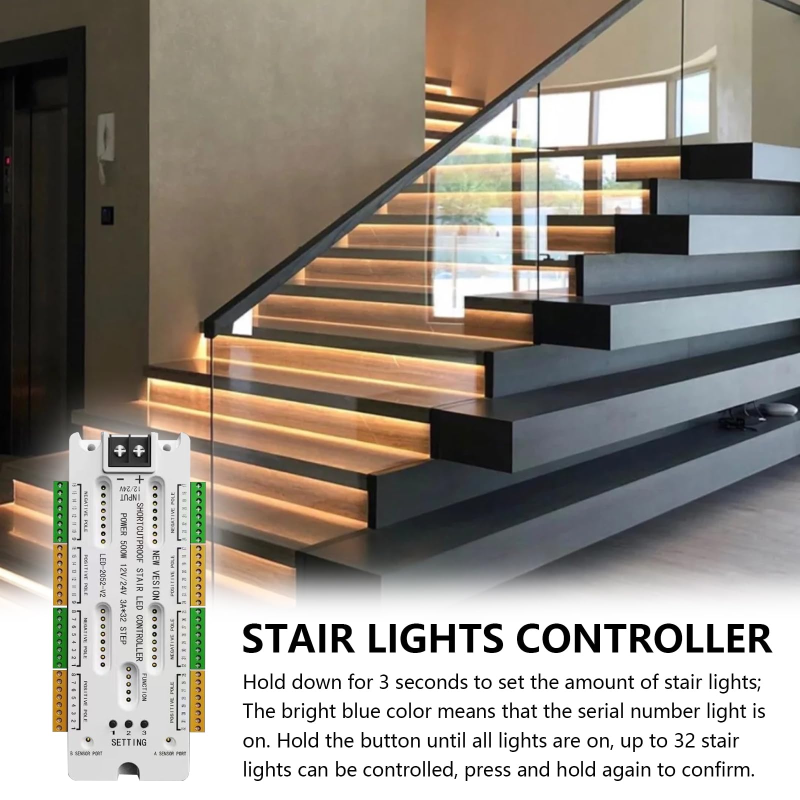 Controller Luci Scale a LED, Sensore di Movimento Controllo Automatico Luci Scale a LED, Protezione da Cortocircuito, 32 Livelli, Luminosità Regolabile per Illuminazione Interna Sotto le Scales