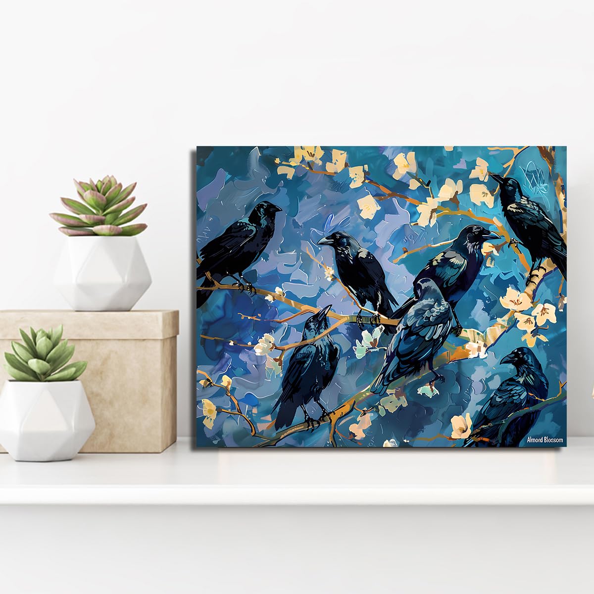 CHERHERART Black Crows Blossom Branch Leinwand Wandkunst Goldene Zweige Blumen Posterdrucke für gotisches Arbeitszimmer Wohnzimmer Blumenvögel Leinwanddekoration 80x100 cm ohne Rahmen