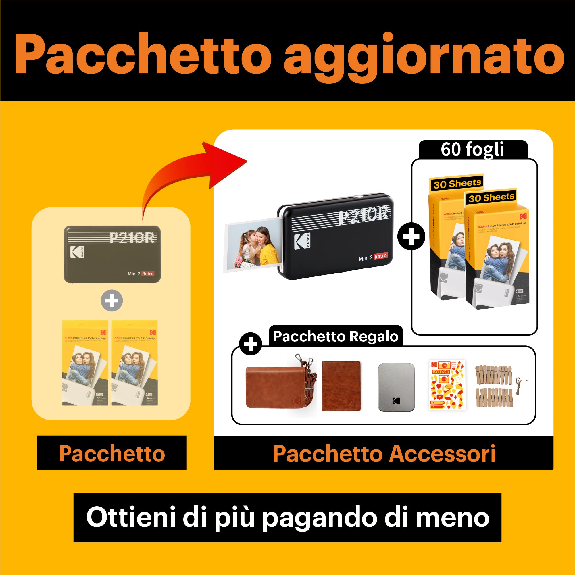 KODAK Mini 2 Retro 4PASS Stampante Fotografica Portatile (5,3x8,6cm) + Pacchetto accessori e 68 Fogli, Nero