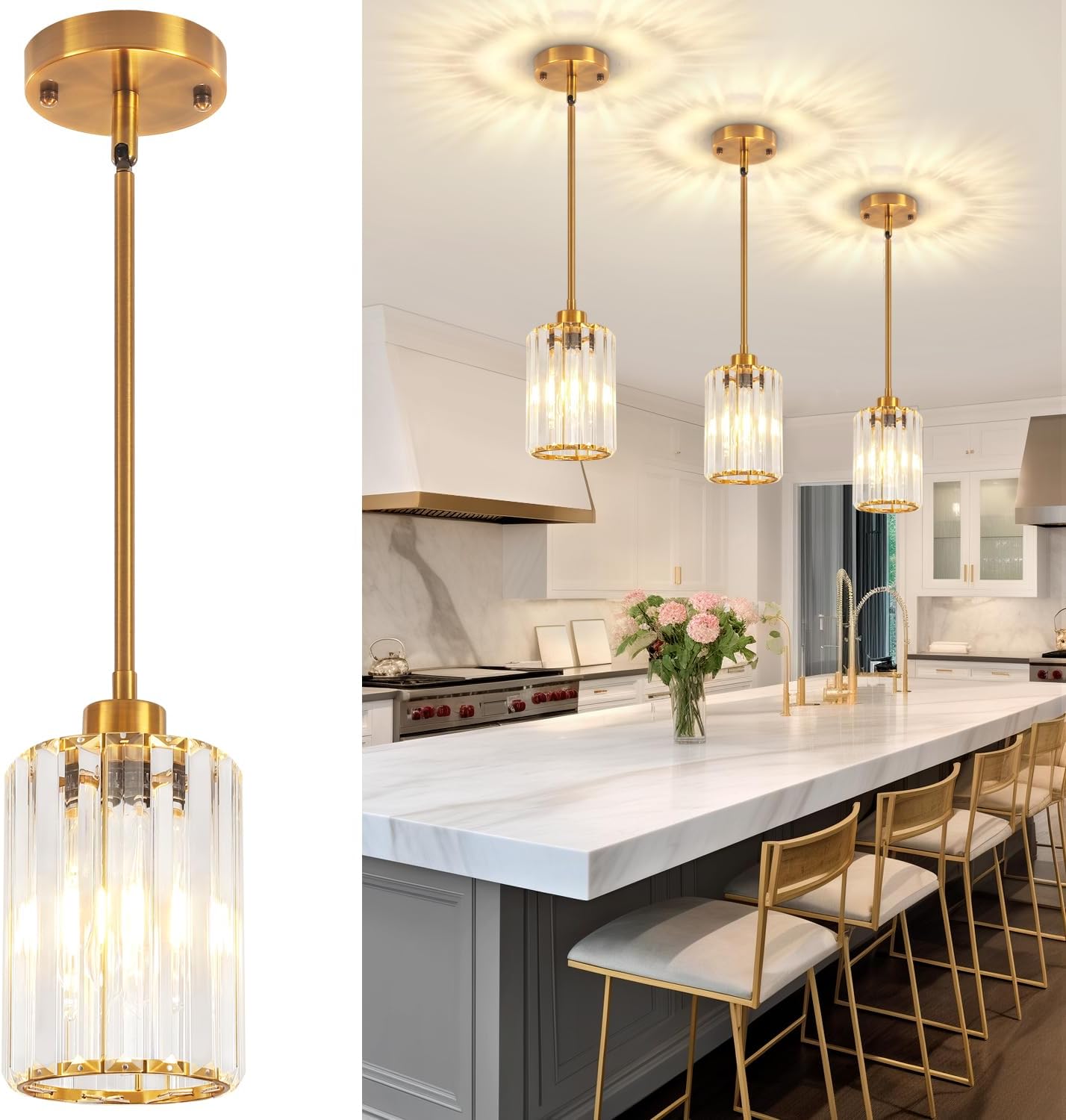 3 Pack Brushed Gold Pendant Lights Kitchen Island, Modern Crystal Kitchen Pendant Lighting Over Island Dining Room Light Fixtures Adjustable Hanging Pendant Light for Bathroom Hallway Foyer Bedroom