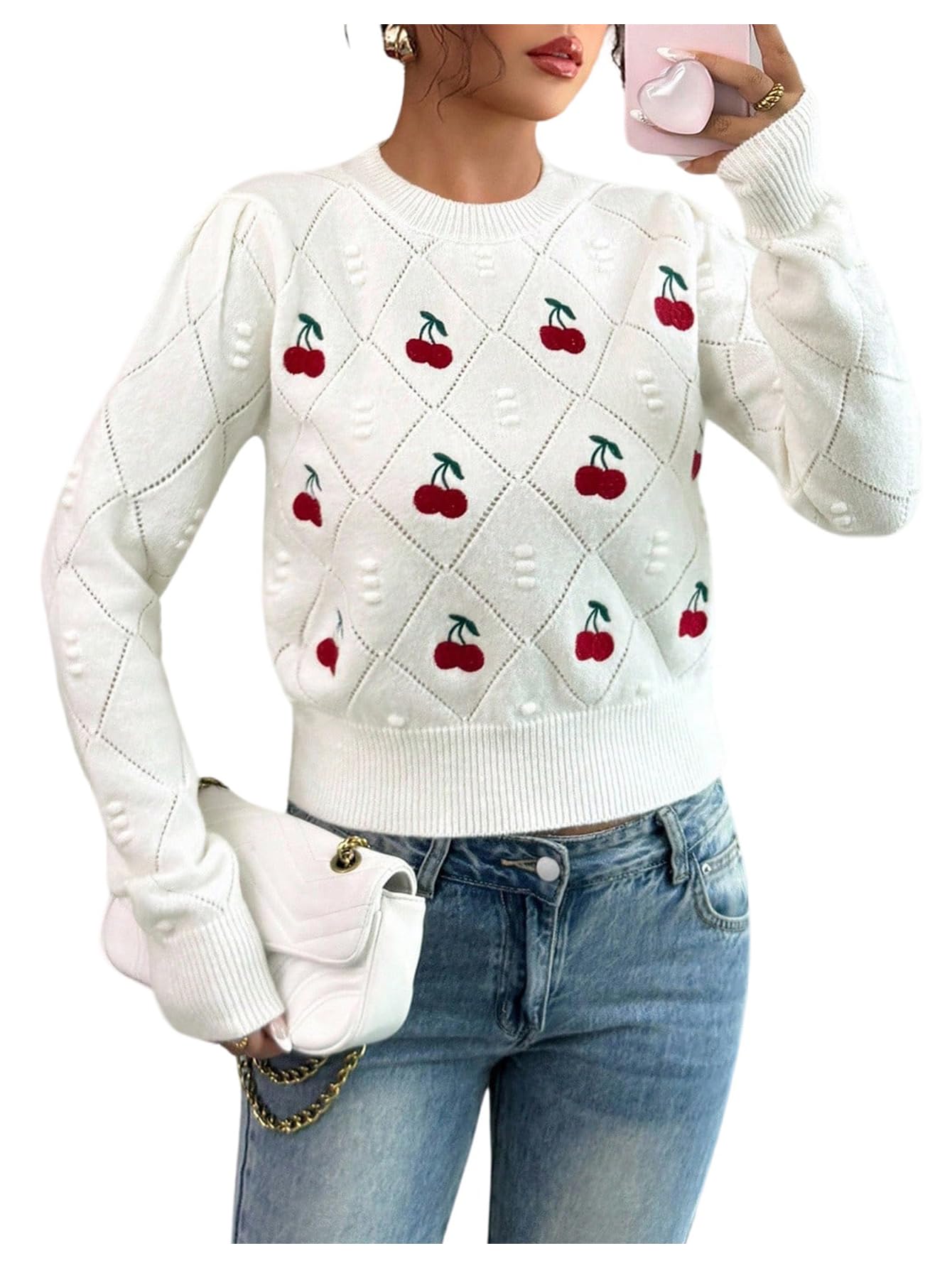 Womens Y2k Star Print Crochet Knit Crewneck Sweater Hollow Out Long Sleeve Pullover Knit Top