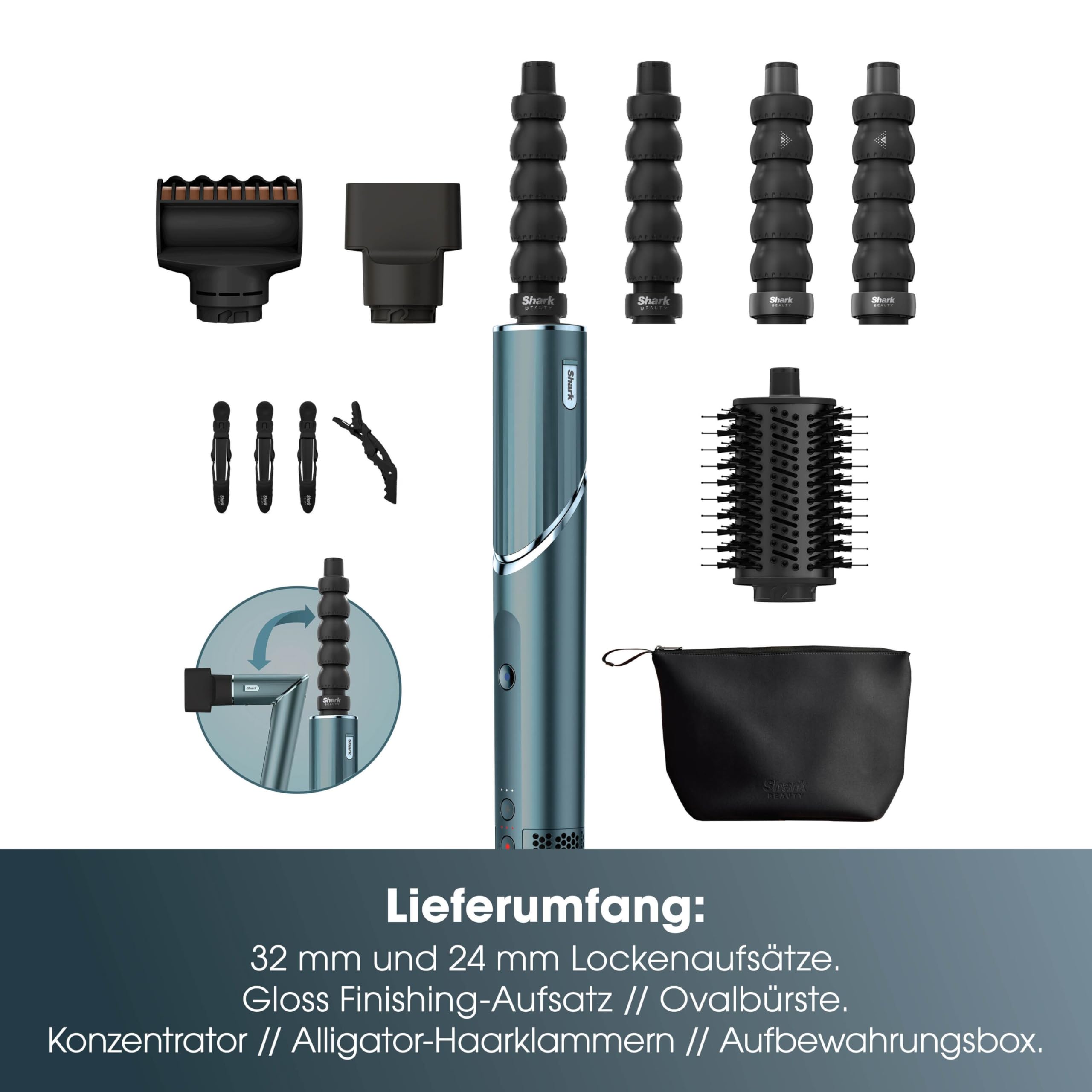 Shark FlexStyle Limited Edition Teal 5-in-1 Haarstyler & -trockner | Geschenk Set, Lockenaufsätze, Finishing Aufsatz, Ovalbürste, Konzentrator, Haarklammer, Aufbewahrungstasche, HD456TLEU