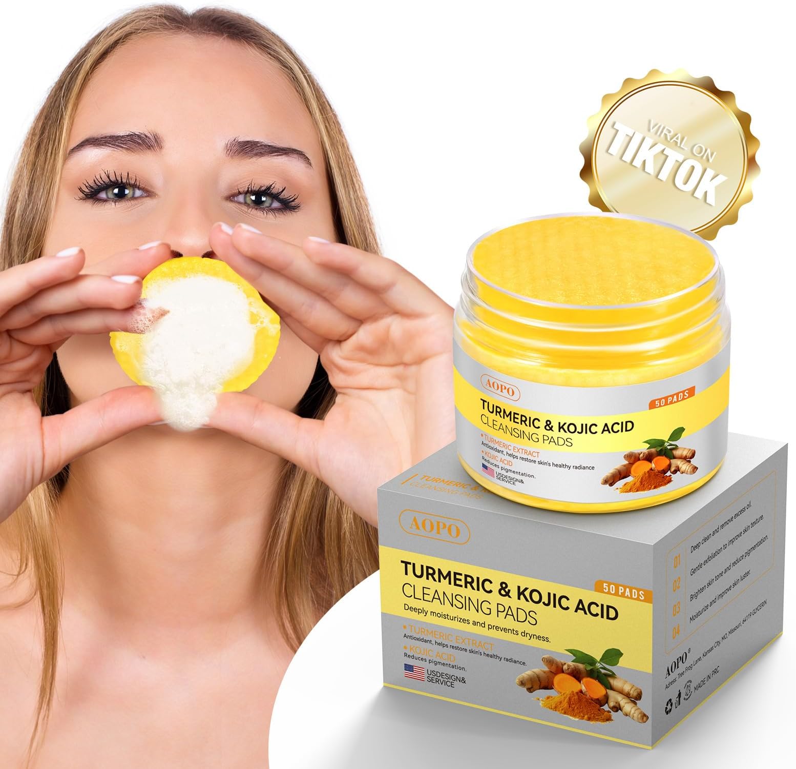 Kojic Acid and Turmeric Cleansing Pads, 50 Pieces, for Facial Cleansing and Exfoliation