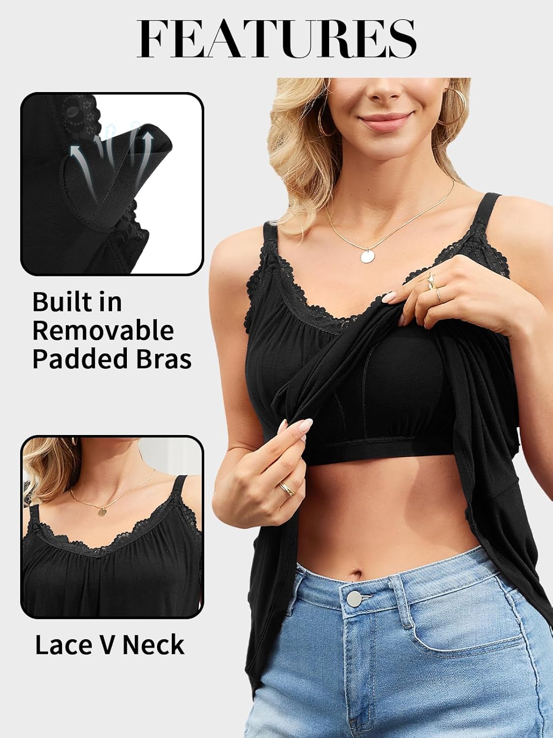 V FOR CITY Flowy Camisole Tops for Women with Built in Bra V Neck Lace Spaghetti Strap Tank Top Loose Fitting Tunic - Image 4