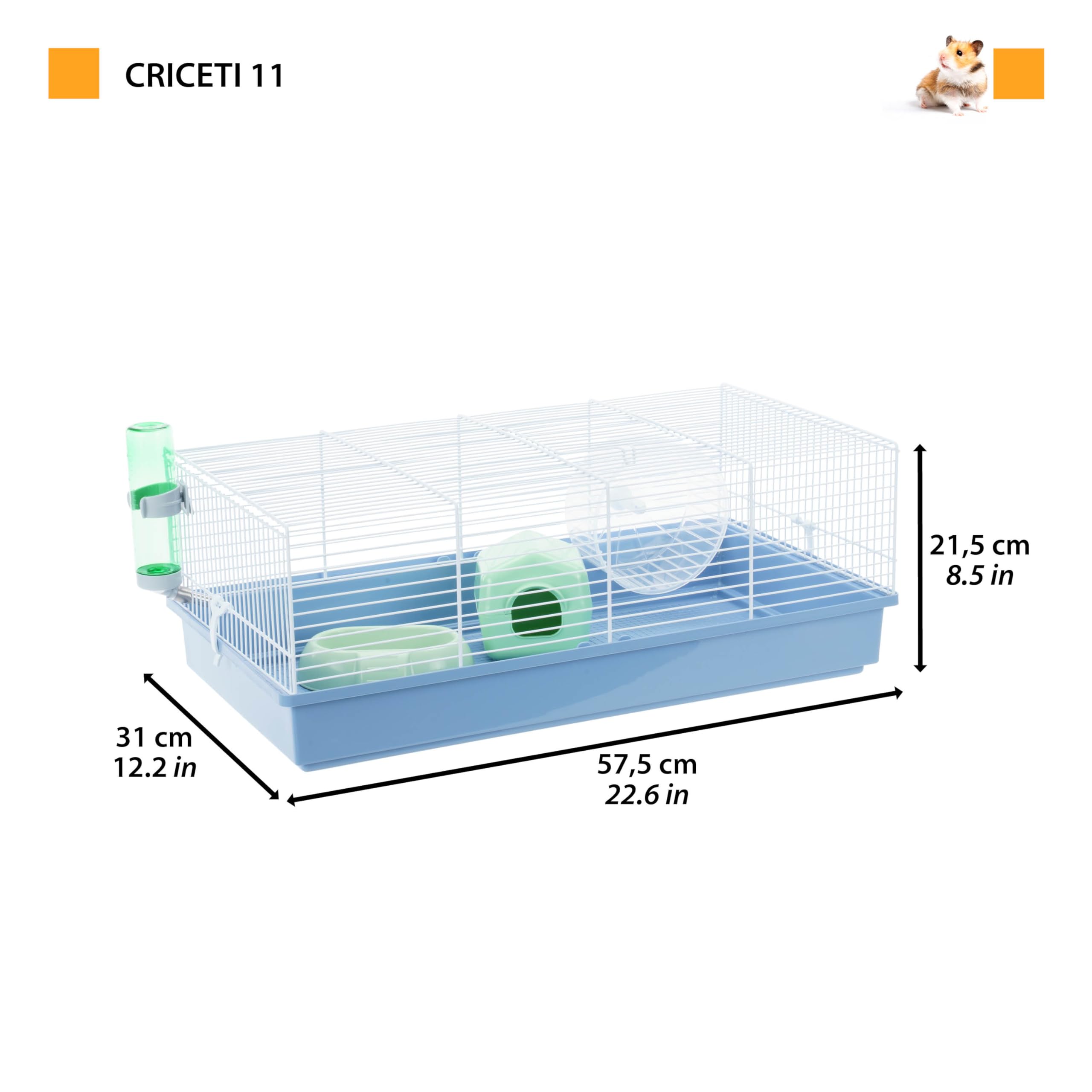 FERPLAST Gabbia Roditori CRICETI 11 per Criceti, in Metallo, Accessori inclusi: Mangiatoia, Beverino, Casetta, Ruota. 57,5x31xh21,5cm