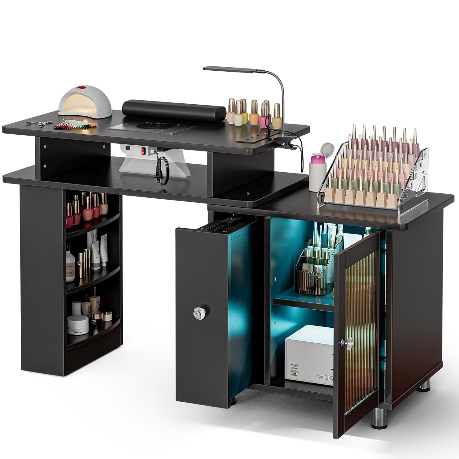 Paddie Manicure Table Nail Desk with LED Lamp & Light, Glass Cabinet Door Nail Table Station w/Dust Collector, Charging Station, Removable Acrylic Container, Cabinet and Drawer(Black-New)