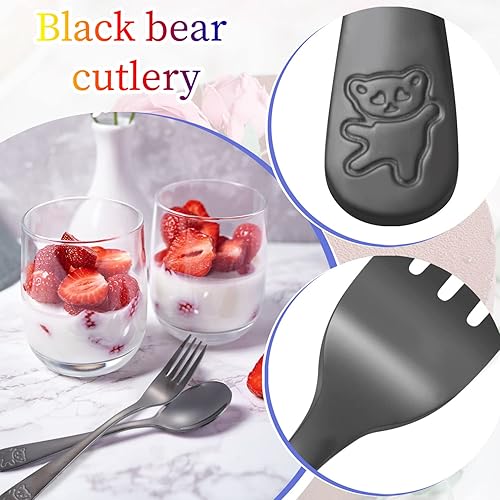 Miniatura 4 de Pimoys 6 cubiertos para niños de acero inoxidable para niños y niños, tenedores y cucharas seguros para niños, juego de cubiertos de metal, oso
