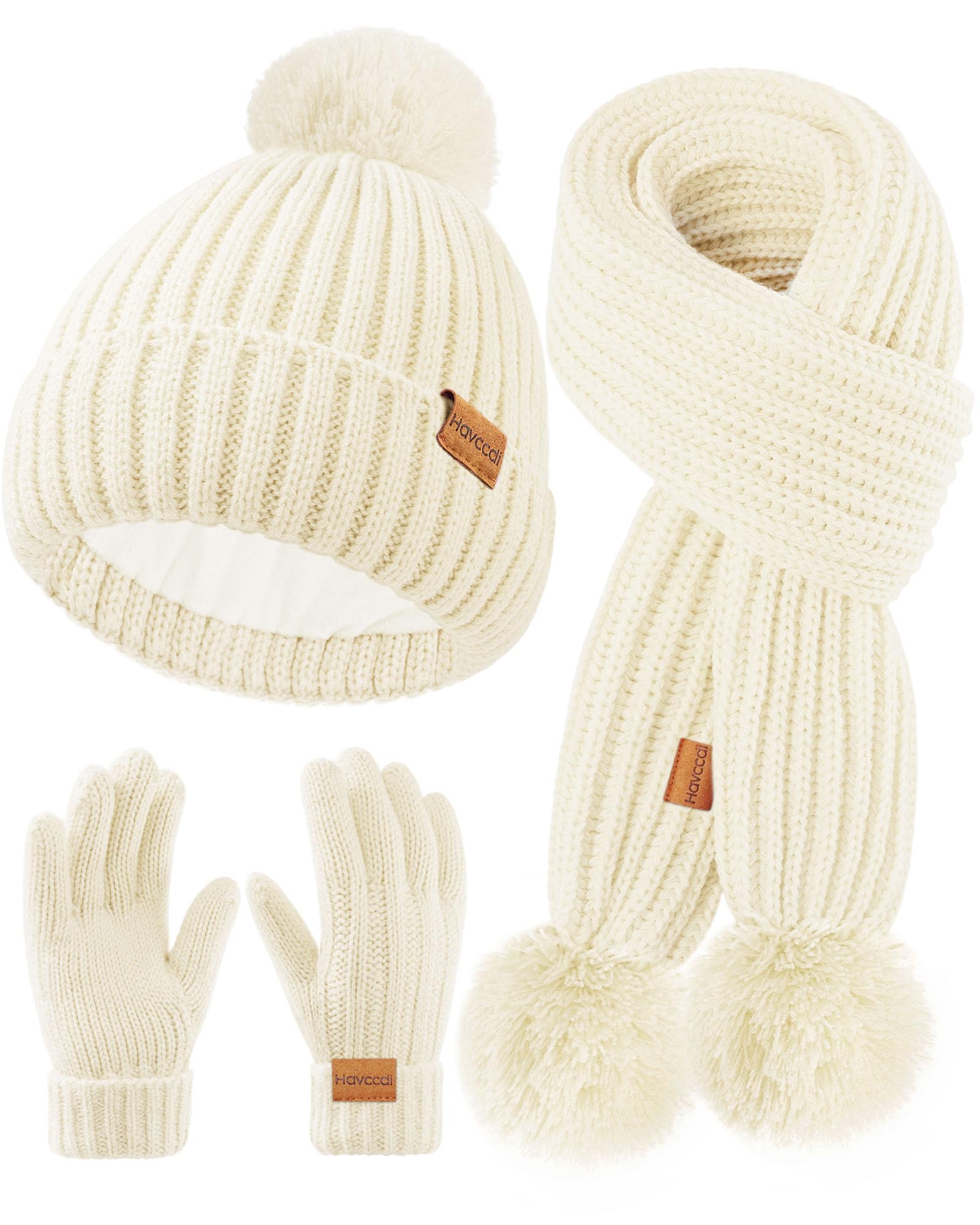Kids Winter Hat Scarf Gloves Set - Girls Boys Fleece Lined Beanie Hat with Pom Knit Scarf Warm Mittens for Children