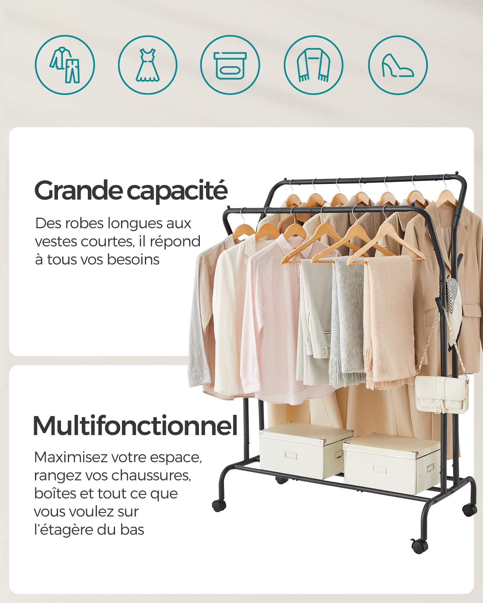 SONGMICS Portant à Vêtements avec roulettes, Double Barre, Porte-Manteau, en Acier, Charge 100 kg, Largeur de 103,5 cm, Rangement Polyvalent, Noir HSR107B01
