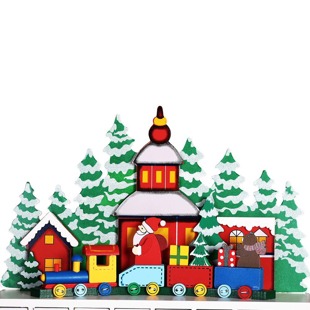 BAKAJI Calendario dell' Avvento di Natale in Legno con 24 Cassetti Numerati per Sorpresa Decorazioni Addobbi Natalizi Casa (Trenino Babbo Natale)