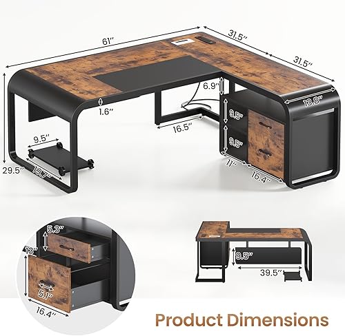 Miniatura 2 de SEDETA Escritorio ejecutivo de 63 pulgadas, escritorio de oficina grande con cajón de archivos, escritorio en forma de L con cajones, escritorio de