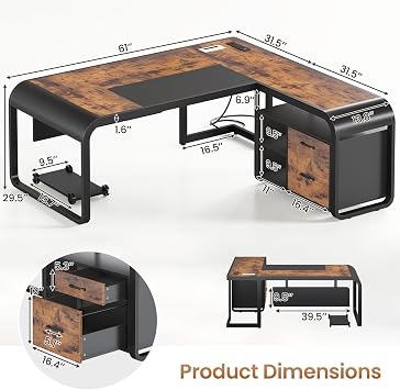 SEDETA 61 Inch Executive Desk, Large Office Desk with File Drawer, L Shaped Desk with Drawers, Computer Desk with Mobile CPU Stand, Storage Shelves, Power Outlets for Home Office, Rustic Brown