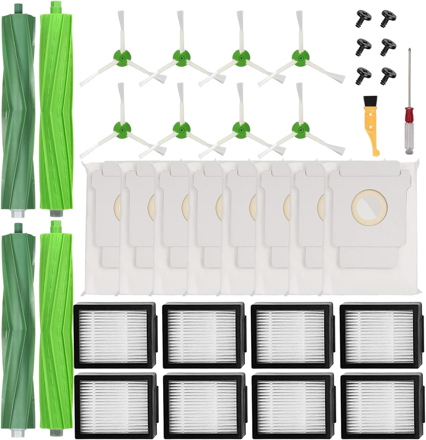 26 Pack Replacement Parts for iRobot Roomba i1+ i7+ i3+ i4+ i6+ i8+ j7+/Plus Vacuum Cleaner,2 Set Rubber Brushes 8 Pack HEPA Filters 8 Pack Side Brushes 8 Vacuum Bags