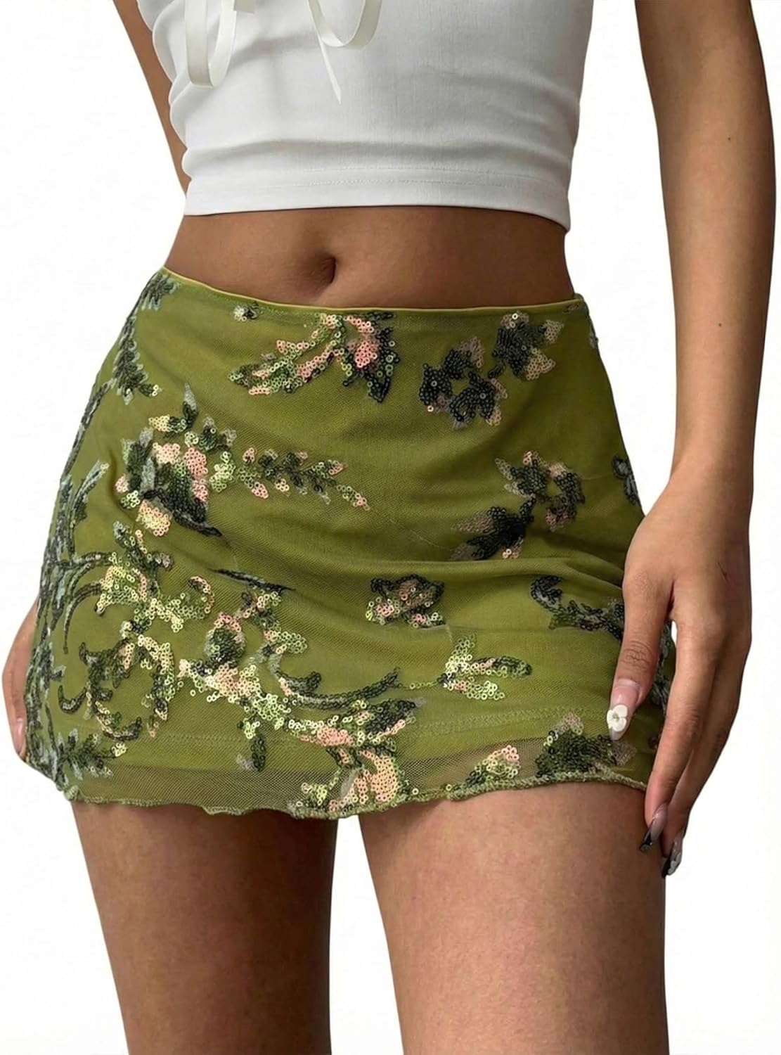 DERAX Women's Sequin Mesh Floral Mini Skirt Sparkly Glitter Elastic Waist Vacation Clubbing 2026 Summer Short Skirts