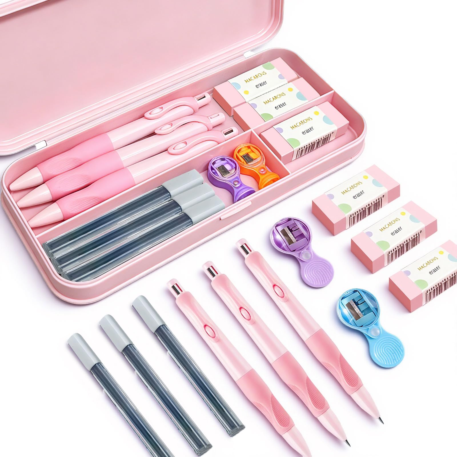 Bonito juego de portaminas rosa de 2 mm que incluye 3 lápices mecánicos Kawaii de 2 mm, 3 tubos de repuesto de minas de portaminas, 3 gomas de borrar, 2 sacapuntas, caja de almacenamiento