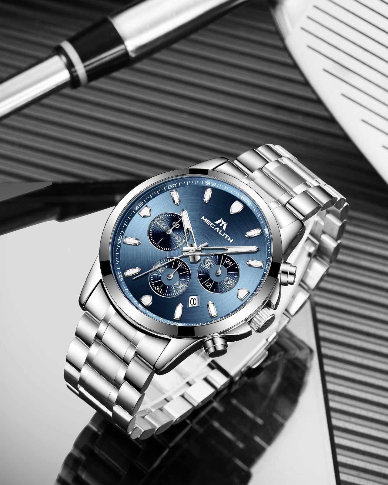 MEGALITH Orologio Uomo Acciaio Inossidabile: Impermeabile Analogico Cronografo Orologi con Fecha Luminosa - Regalo Anniversario Compleanno per Affari Lavoro Uomo