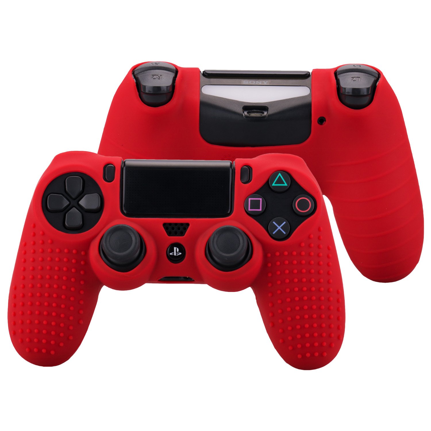 BORCHIE silicone custodie cover pelle antiscivolo per PS4 controller x 1 (rosso) + FPS PRO thumb grips pollice prese x 8