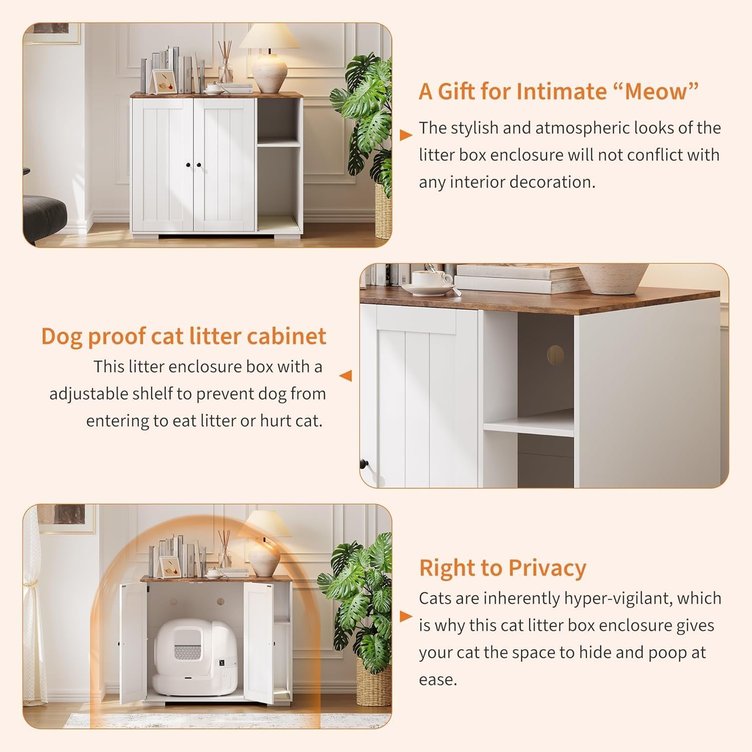 Litter Box Enclosure Cabinet, Built-in Power Outlet & 5 Ft Cord, Cat Litter Furniture with Dog-Proof Shelf and Mat, Fits Most Self-Cleaning Litter Boxes, White
