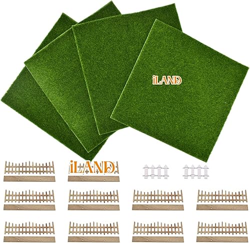 Miniatura 2 de iLAND Fairy Garden - Miniaturas de césped artificial, 4 hojas de 11.8 x 11.8 pulgadas con 10 cercas en miniatura y 2 puertas de valla y 1 letrero,