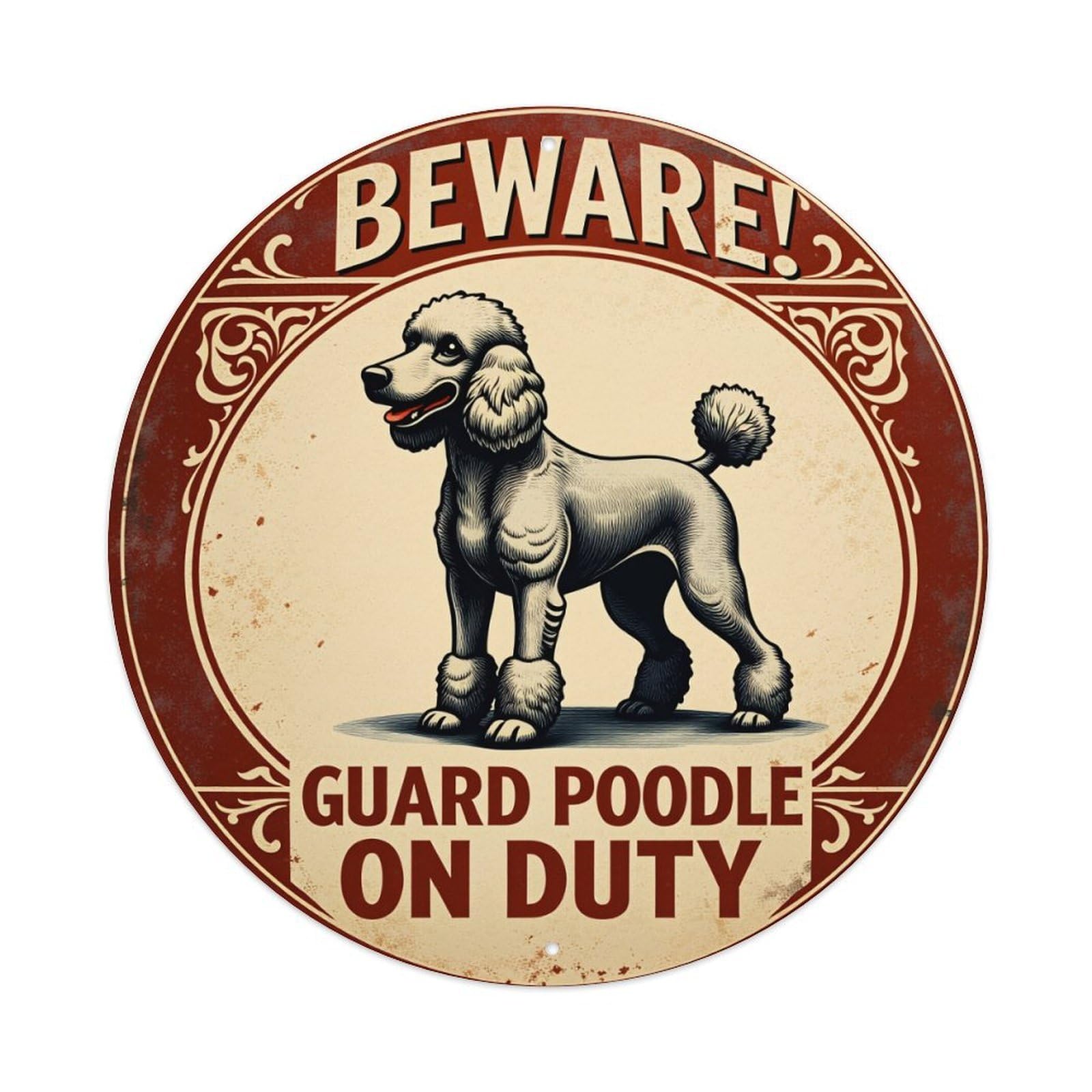 Beware Guard Poodle On Duty Sign Pattern Print Metal Tin Sign Plaque