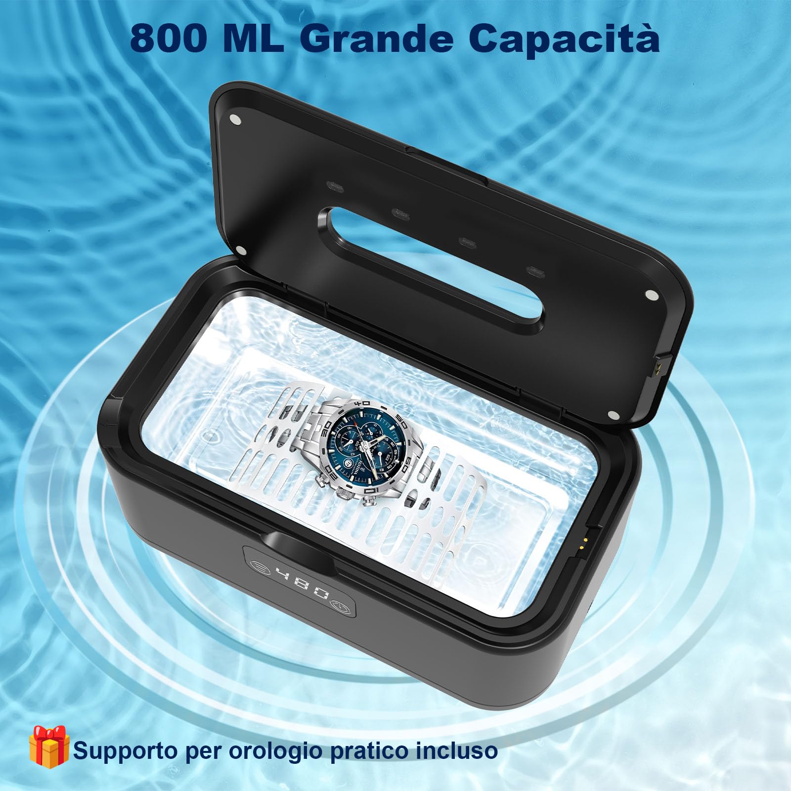 Dispositivo di pulizia a ultrasuoni 49000Hz, pulitore per occhiali 800ml Ultrasonic Cleaner, U-V Ultraschallreiniger con 5 funzioni temporali, Ultraschallgerät per gioielli, orologi, anelli, protesi