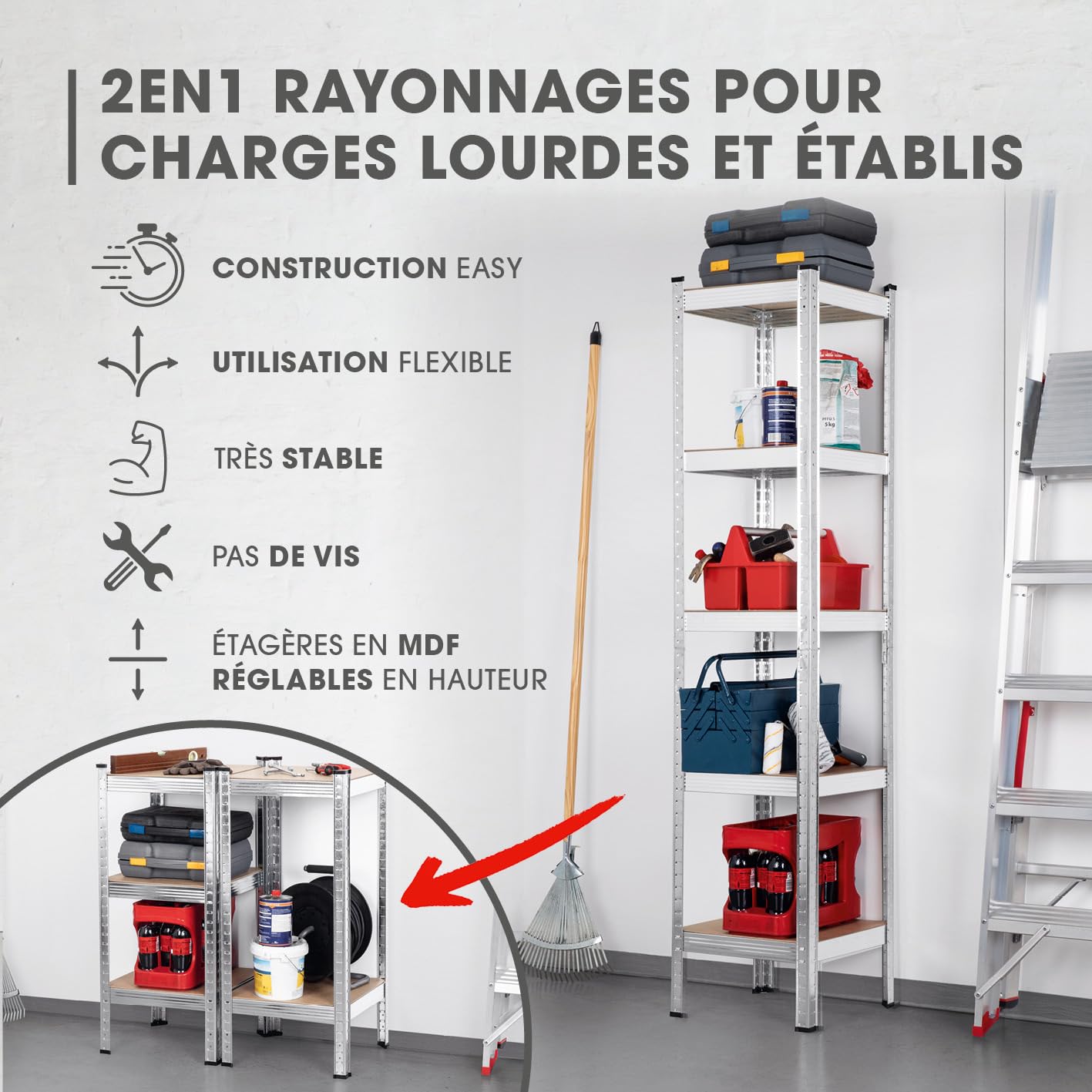 EASYmaxx Étagère pour Charges Lourdes 40 x 40 x 180 cm | Charge Maximale 875 kg et 175 kg par Niveau | Établi avec 5 Étagères Réglables | pour Cave, Garage, Salle