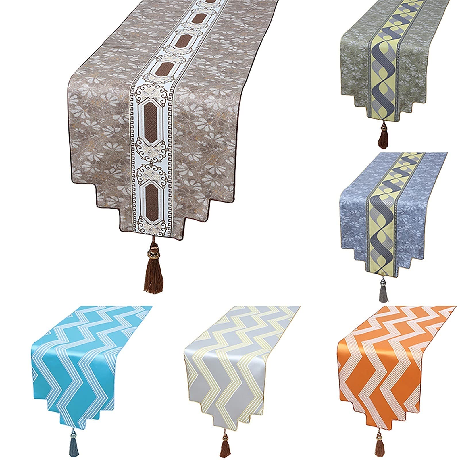 Einfache Tischläufer， Burgunderroter Satin, bestickte Blumen, Antikgold, Weihnachten, mit Quasten, rechteckiger Stuhl, Hochzeit(Light blue,33 * 180cm)