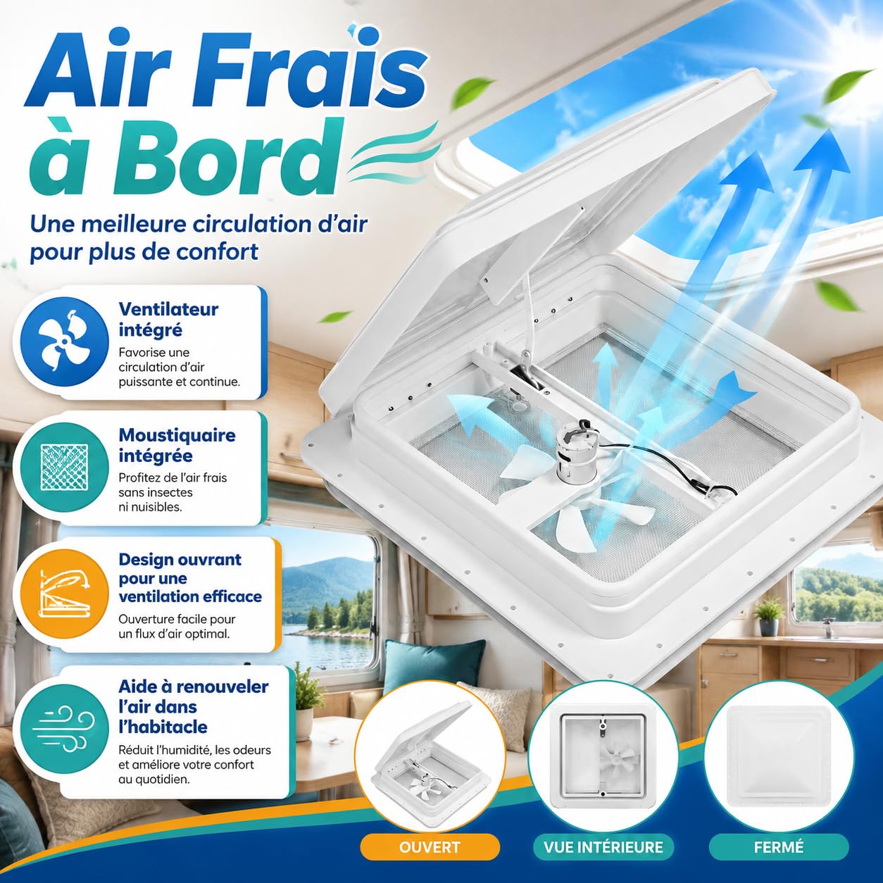 Lanterneau Camping Car 42 x 42 cm, Fenetre Camping Car Avec Moustiquaire et ventilateur intégré, Pour Ouvertures de 14 x 14 pouces, Caravane, camion, Camionnette (Blanc)