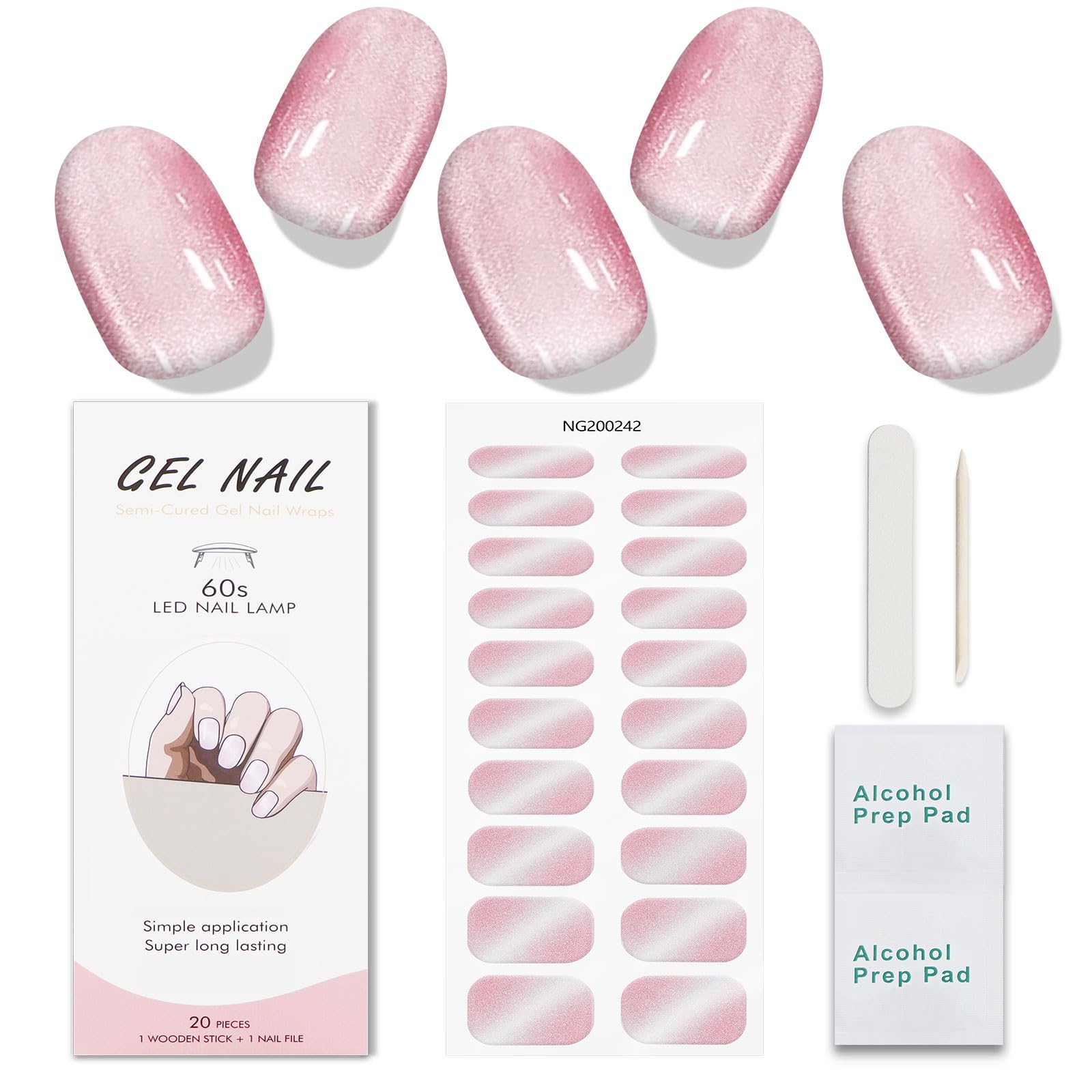 JMEOWIO Gel Nail Stickers Pink White Glitter Cat Eye Semi Cured Gel Nail Strips Wraps UV/LED Nails Art Design Decoration Accessories