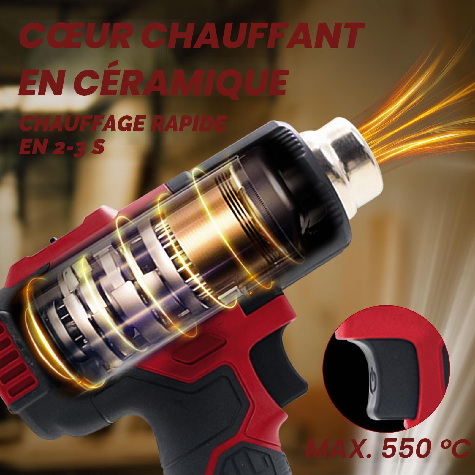 Pistolet thermique sans fil pour batterie Milwaukee 18 V Li-Ion avec 5 embouts de buse, pistolet thermique 400 W 500 °C pour travaux manuels, gaine thermorétractable, résine et décoration (sans