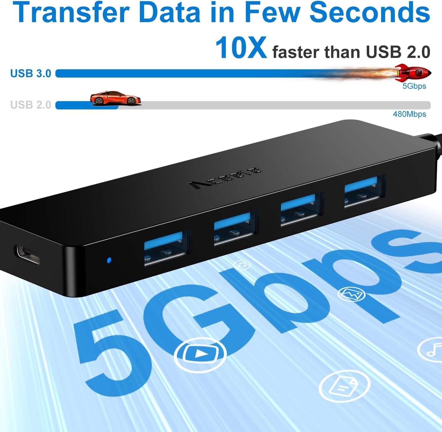 Aceele Ultra cienki hub USB 3.0, 5 portów, z przedłużonym kablem 65 cm SuperSpeed 5 Gb/s, do MacBooka Air Mac PRO/Mini, Surface PRO Dell XPS 15 Flash Drive i wielu innych kompatybilnych urządzeń