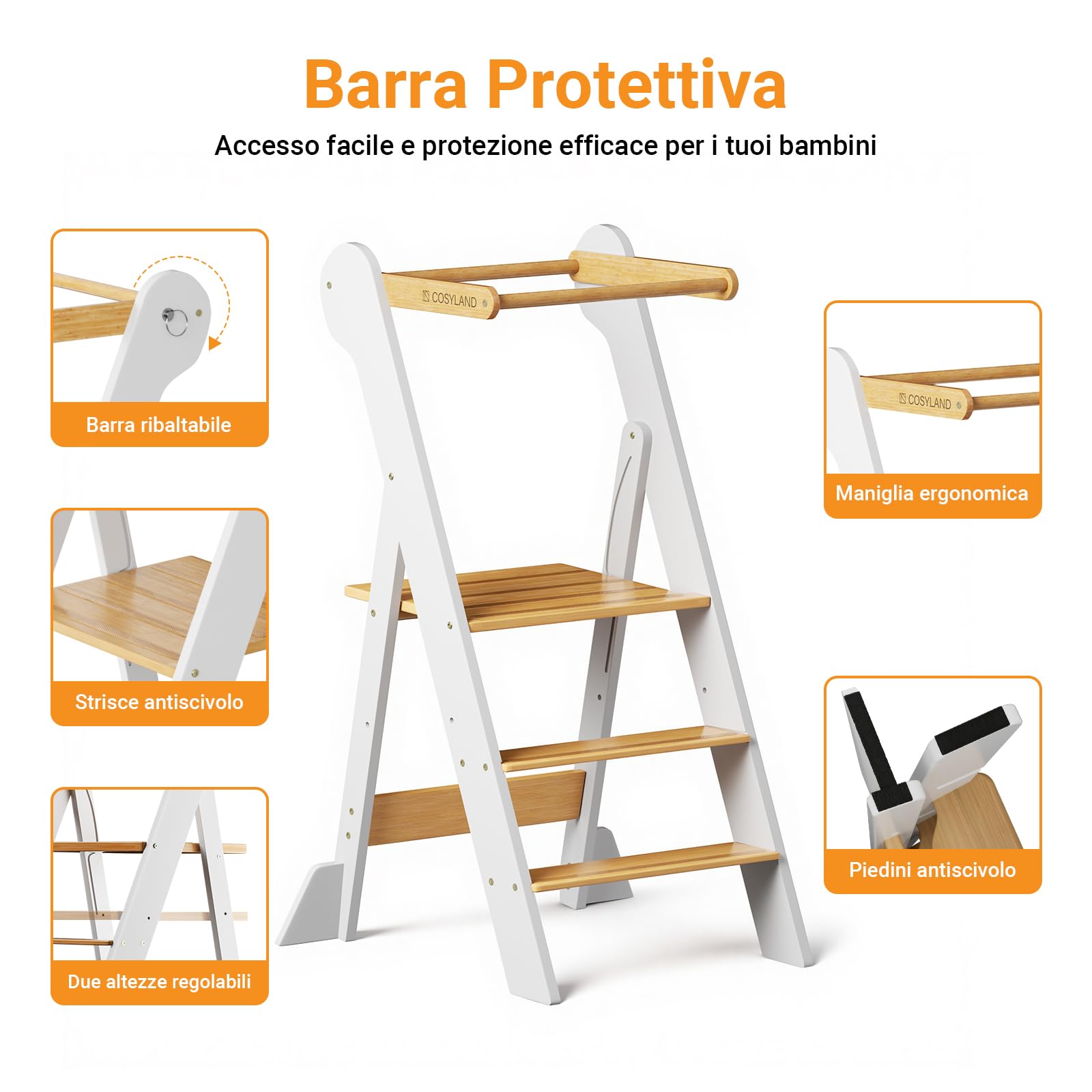 COSYLAND Torre Montessoriana Pieghevole per Bambini – Torre Montessoriana Bambini Regolabile in Altezza, Premontata al 95%, Design Salvaspazio, Ideale per Cucina o Bagno (Bianco e Naturale)