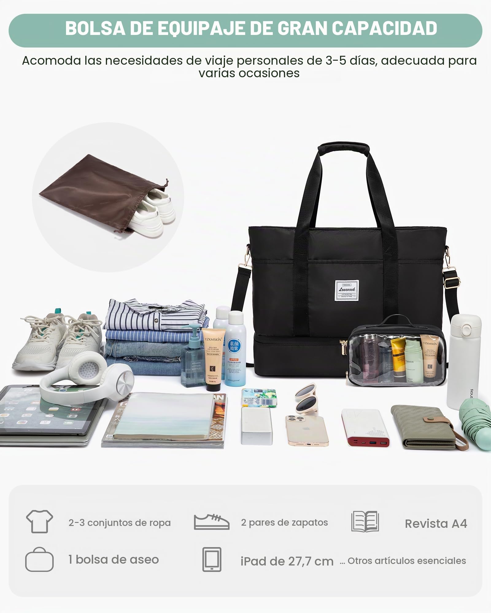 LOVEVOOK Grandes Bolsa de Viaje Mujer, Bolso Maternidad Hospital Travel Bag | Bolso Viaje Fin de Semana Bolsa de Mano Equipaje, Impermeable Macuto Viaje Bolsas Deporte Gimnasio Mochila Gym