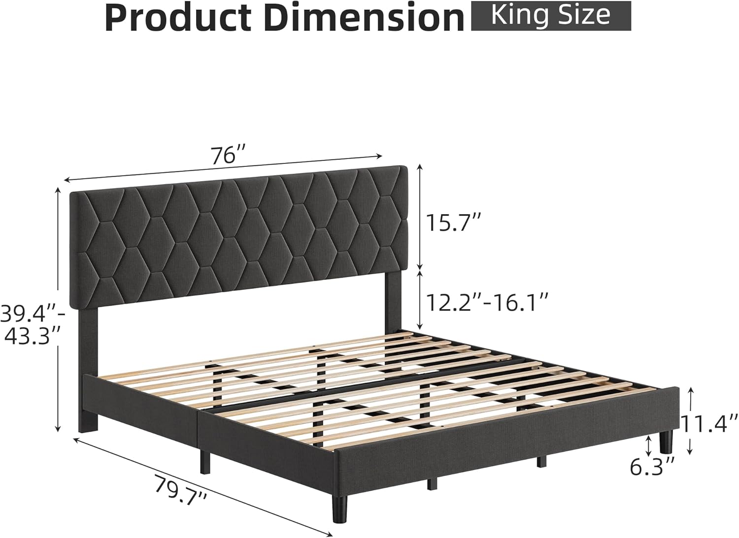 IDEALHOUSE King Bed Frame Upholstered Platform Bed Frame with Fabric Headboard, Ornate Diamond Bed Frame with Non-Slip and Solid Wood Slats Support, Noise Free, Easy Assembly, Grey (King)