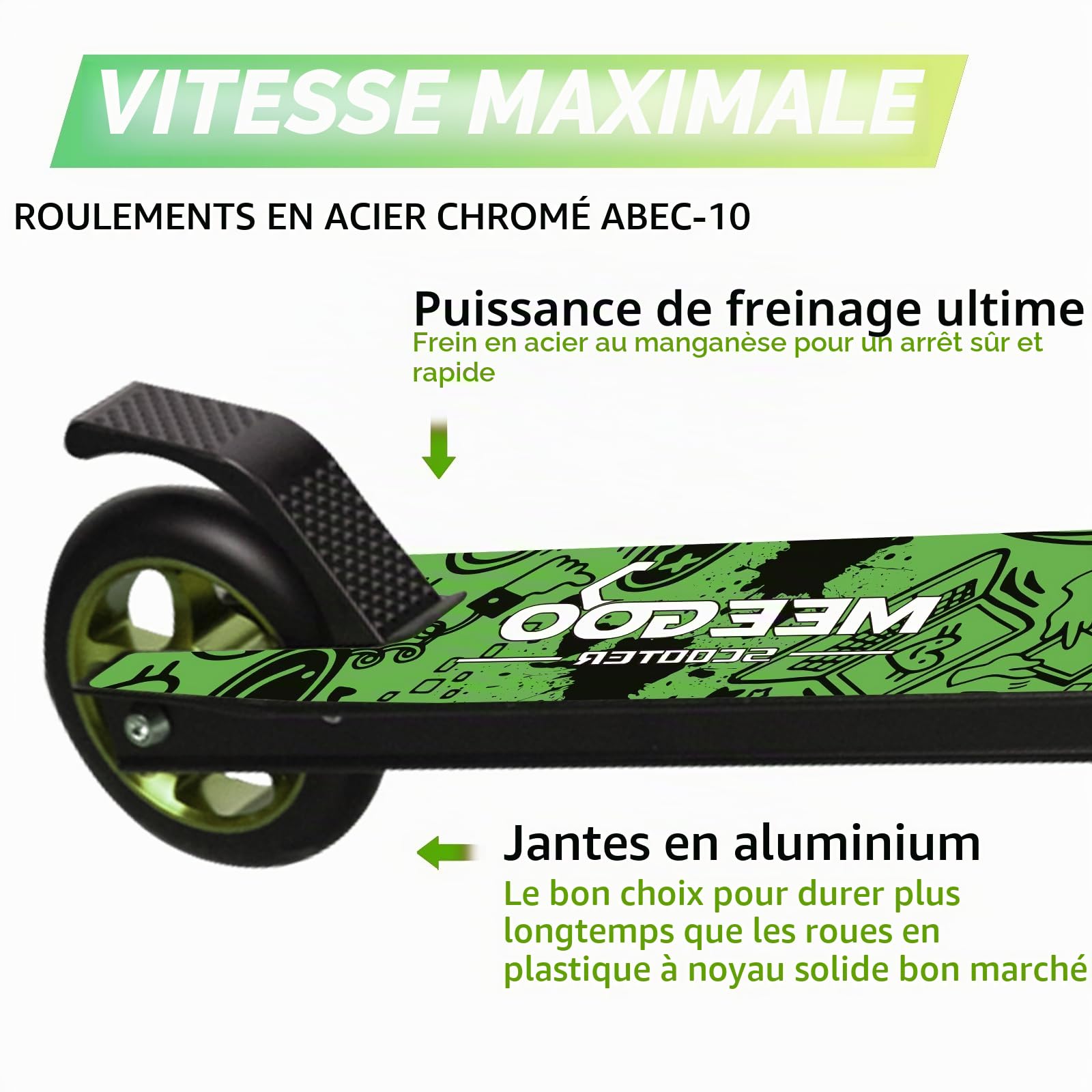 MEE GOO Pro Freestyle Trottinette freestyle avec roulement à billes ABEC-10 en alliage léger avec roue en alliage d'aluminium, cadre jusqu'à 100 kg pour avancés et débutants, skatepark