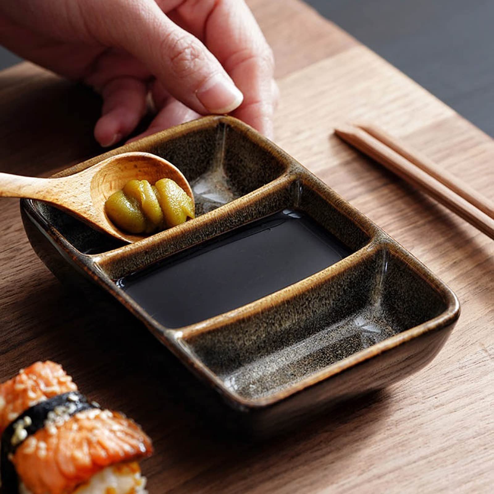 Dip-Schalen-Set, Keramik-Dip-Schüssel, Mehrzweck-DREI-Gitter-Untertasse, Restaurant, Sushi, Grill