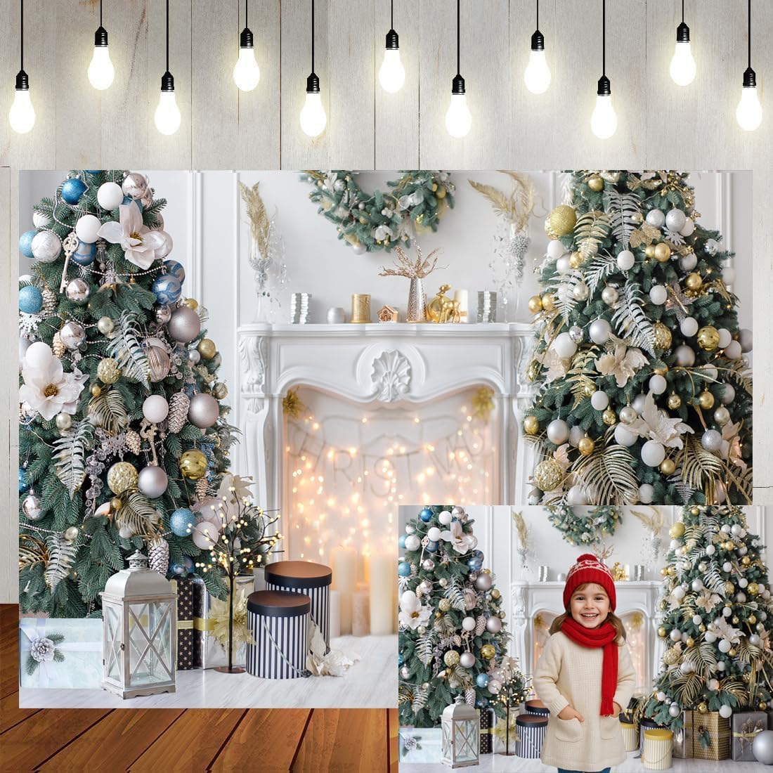 LTLYH 10x8ft Christmas Fireplace Theme Backdrop Winter Holiday Photo Background White Gold Xmas Tree Backdrop Winter Photo Prop Banner Decor 240